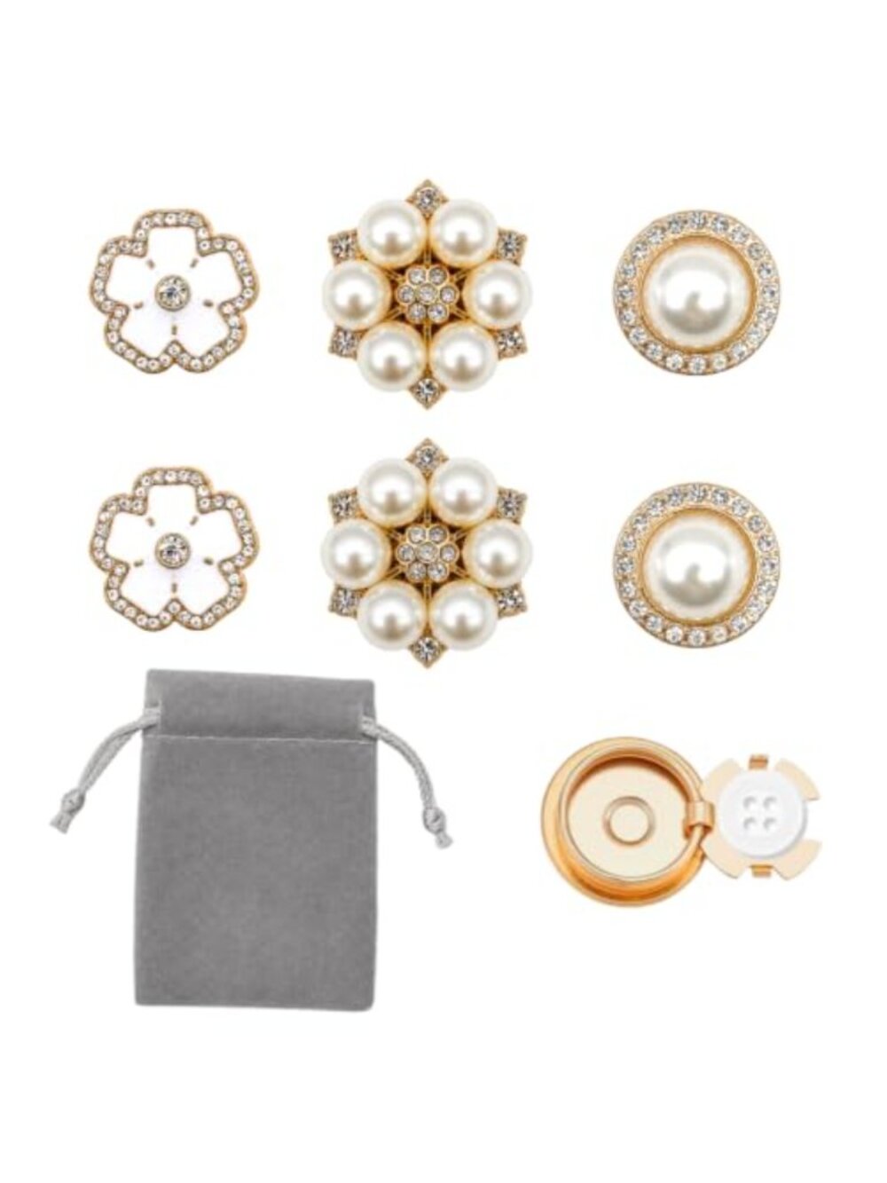 Decorative Button Covers Pearl Rhinestone Clip-On Shirt Accessories Set of 6